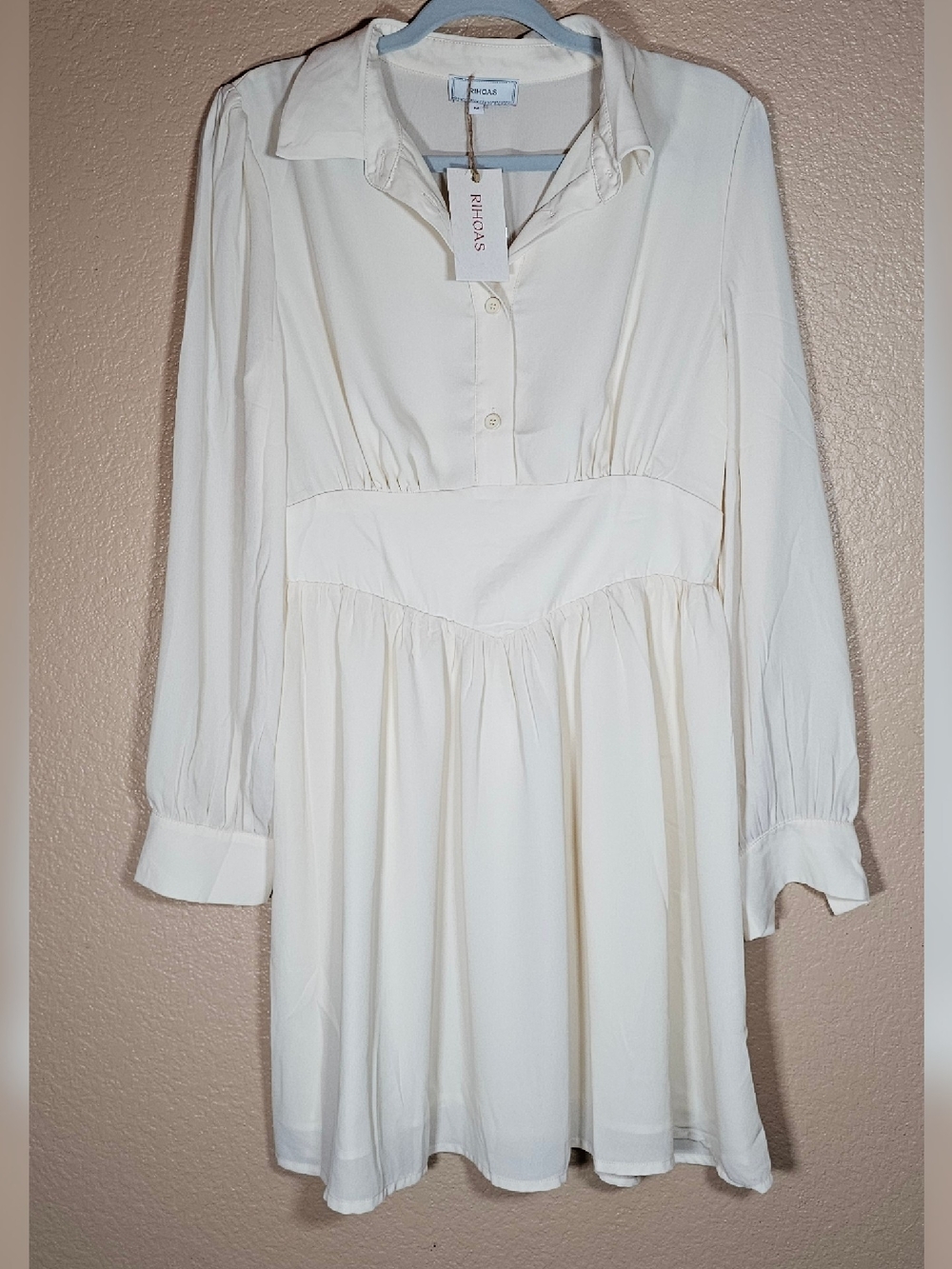 RIHOAS Cream Long-Sleeve Collared Womens' Dress